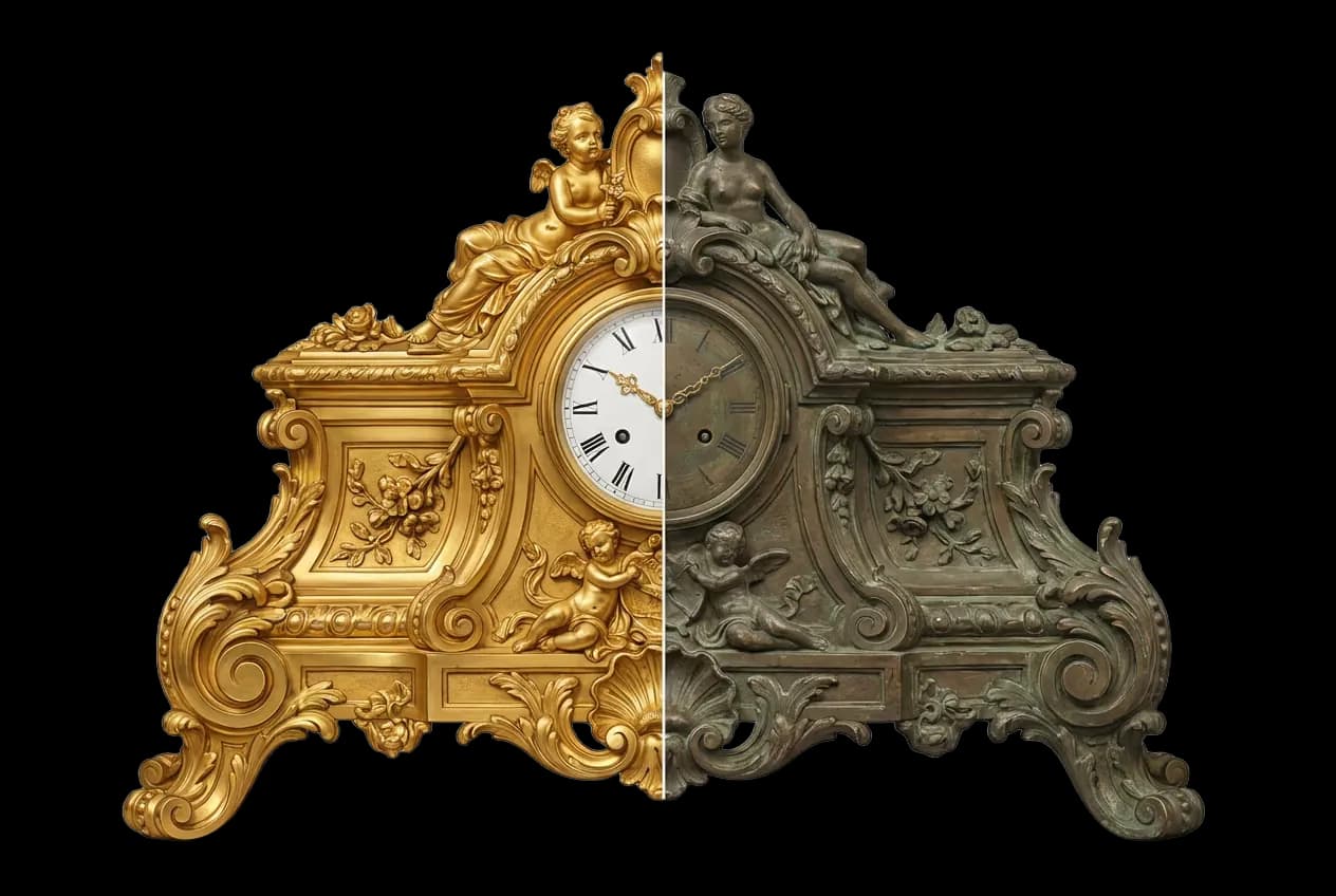 Antique French ormolu mantel clock with its gilded bronze intact on the left half and stripped to raw bronze on the right half.