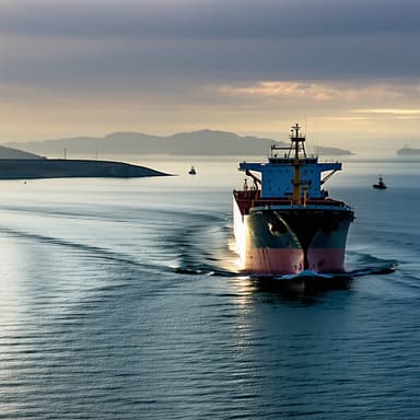 large oil tanker silhouette passing through a narrow maritime strait at dusk on a calm sea, distant low coastline