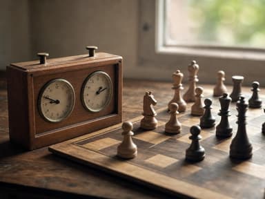 an old wooden chess clock with both buttons unpressed beside an unfinished game, low afternoon light from one window