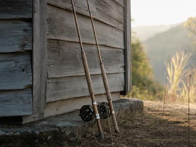 two cane fishing rods leaning against a shed wall, lines coiled and dry, early morning light from one side